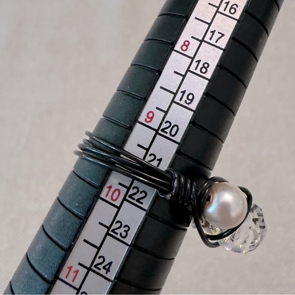 Handmade Sparkling Wire Wrapped Ring Black Glass AB Pearls Metal Hand Done - Picture 2 of 5